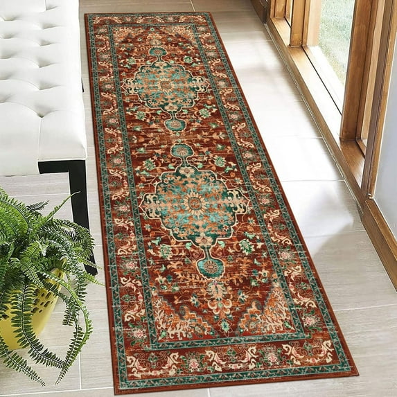 Findosom 2'x6' Vintage Boho Runner Rug Washable Non-slip Area Rug,Hallway Indoor Farmhouse Bedroom Kitchen Living Room Non Shedding Runner, Contemporary Low Plie Floor Carpet Doormat,Red
