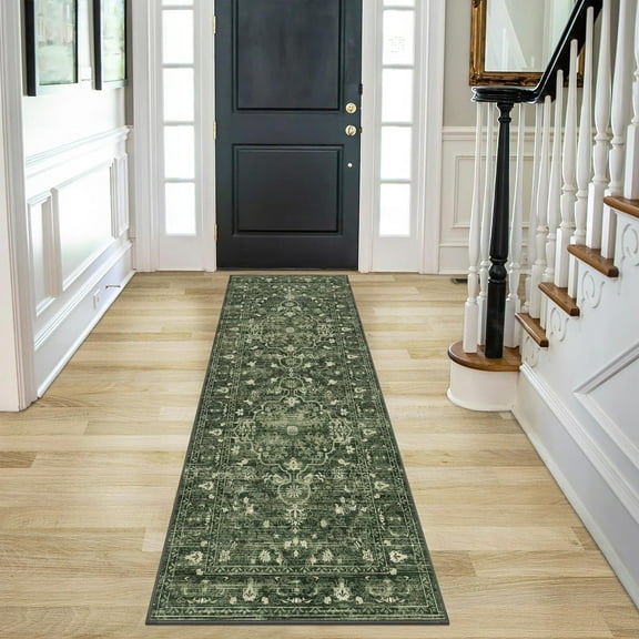 Findosom 2'x6' Vintage Boho Runner Rug Washable Non-slip Area Rug,Hallway Indoor Farmhouse Bedroom Kitchen Living Room Non Shedding Runner, Contemporary Low Plie Floor Carpet Doormat,Green