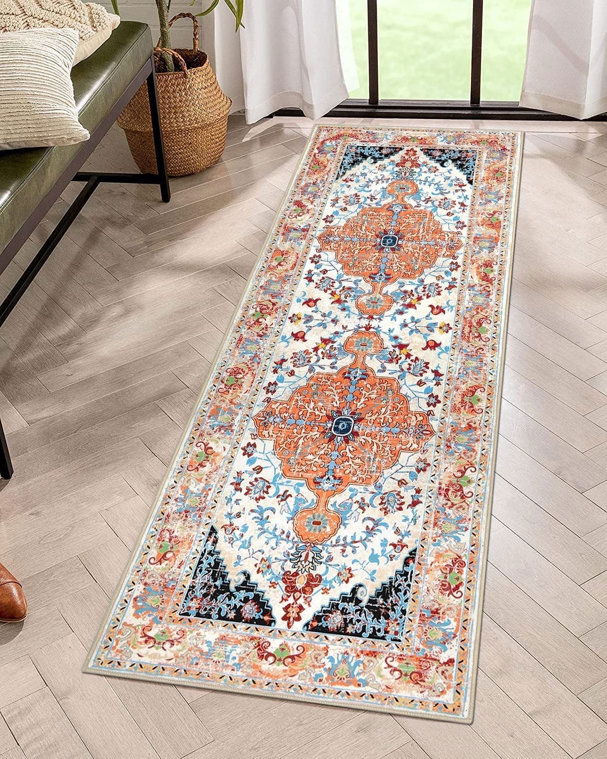 Findosom 2'x6' Vintage Boho Runner Rug Washable Non-slip Area Rug,Hallway Indoor Farmhouse Bedroom Kitchen Living Room Non Shedding Runner, Contemporary Low Plie Floor Carpet Doormat,Orange