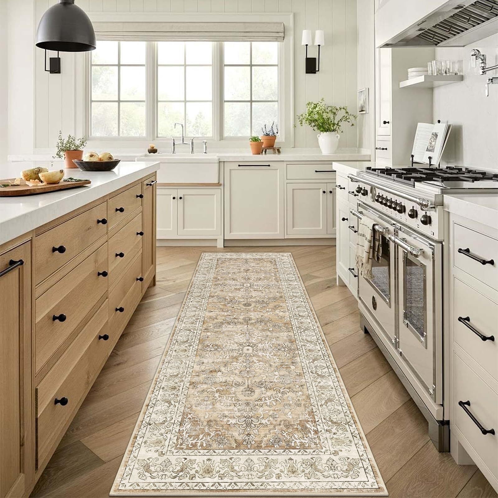 Findosom 2'x6' Vintage Boho Runner Rug Washable Non-slip Area Rug,Hallway Indoor Farmhouse Bedroom Kitchen Living Room Non Shedding Runner, Contemporary Low Plie Floor Carpet Doormat,Brown