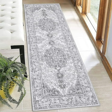 Findosom 2'x6' Vintage Boho Runner Rug Washable Non-slip Area Rug,Hallway Indoor Farmhouse Bedroom Kitchen Living Room Non Shedding Runner, Contemporary Low Plie Floor Carpet Doormat,Gray