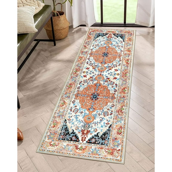 Findosom 2'x6' Vintage Boho Runner Rug Washable Non-slip Area Rug,Hallway Indoor Farmhouse Bedroom Kitchen Living Room Non Shedding Runner, Contemporary Low Plie Floor Carpet Doormat,Orange