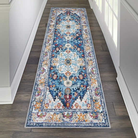 Findosom 2'x6' Vintage Boho Runner Rug Washable Non-slip Area Rug,Hallway Indoor Farmhouse Bedroom Kitchen Living Room Non Shedding Runner, Contemporary Low Plie Floor Carpet Doormat,Blue