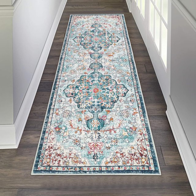 Findosom 2'x6' Vintage Runner Rug 0.4" Distressed Hallway Rug Non Slip Laundry Runner Rug Decor Rug Washable Runner Rug Kitchen Floor Mat Entryway Rug Runner for Laundry Kitchen Entryway, Blue