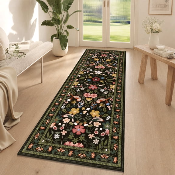 Findosom 2'x6' Washable Runner Rug for Hallway,Non Slip Floral Laundry Runner Rugs,Low Pile Faux Wool Floor Mat Stain Resistant Carpet Runner Rug for Bedroom Kitchen Living Room Entrance,Black