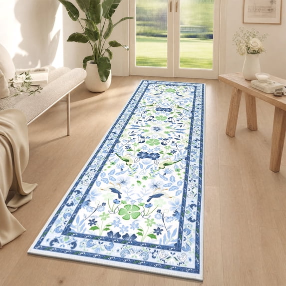 Findosom 2'x6' Washable Runner Rug for Hallway,Non Slip Floral Laundry Runner Rugs,Low Pile Faux Wool Floor Mat Stain Resistant Carpet Runner Rug for Bedroom Kitchen Living Room Entrance,Blue