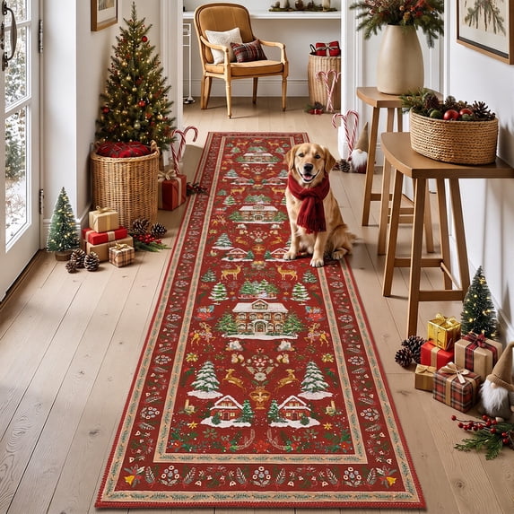 Findosom 2'x8' Christmas Runner Rug for Hallway, Machine Washable Reindeer Print Floor Carpet,Non-Slip Soft Stain Resistant Bedside Area Rug for Entryway Dining Room Home Decor Rugs,Red