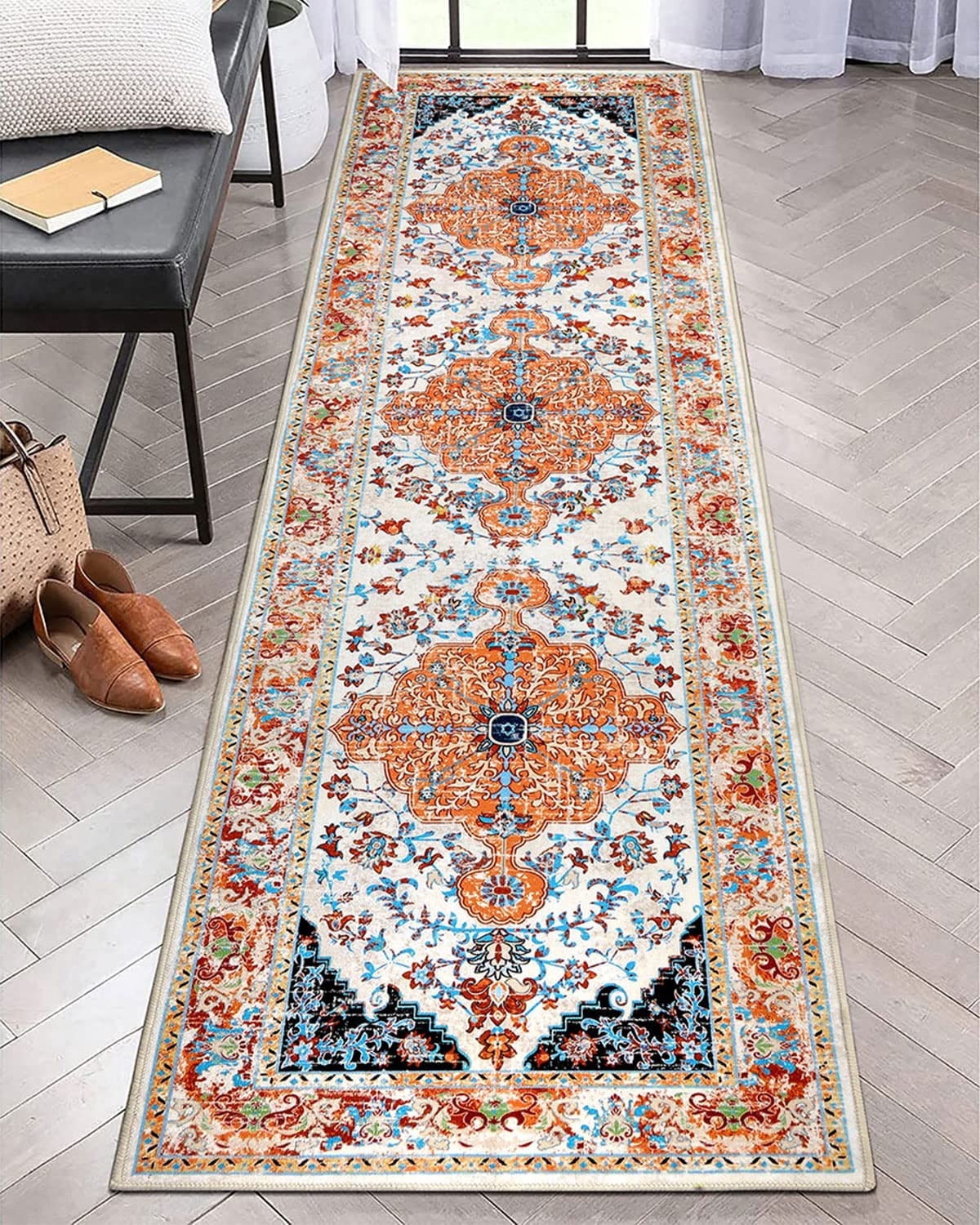 Findosom 2'x8' Vintage Boho Runner Rug Washable Non-slip Area Rug,Hallway Indoor Farmhouse Bedroom Kitchen Living Room Non Shedding Runner, Contemporary Low Plie Floor Carpet Doormat,Orange