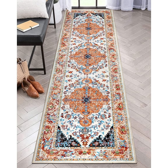 Findosom 2'x8' Vintage Boho Runner Rug Washable Non-slip Area Rug,Hallway Indoor Farmhouse Bedroom Kitchen Living Room Non Shedding Runner, Contemporary Low Plie Floor Carpet Doormat,Orange