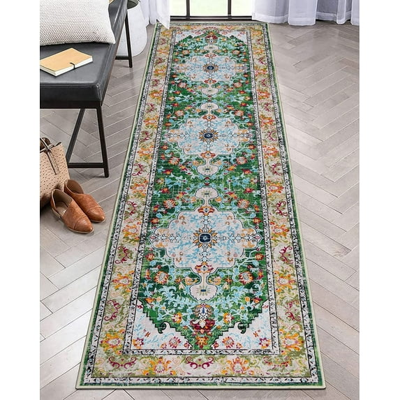 Findosom 2'x8' Vintage Boho Runner Rug Washable Non-slip Area Rug,Hallway Indoor Farmhouse Bedroom Kitchen Living Room Non Shedding Runner, Contemporary Low Plie Floor Carpet Doormat,Green