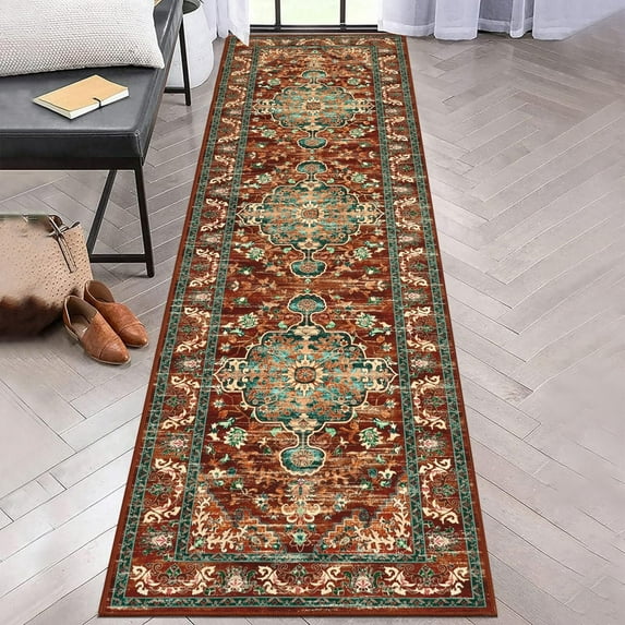 Findosom 2'x8' Vintage Boho Runner Rug Washable Non-slip Area Rug,Hallway Indoor Farmhouse Bedroom Kitchen Living Room Non Shedding Runner, Contemporary Low Plie Floor Carpet Doormat,Red