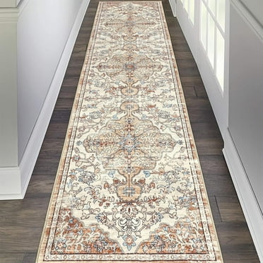 Findosom 2'x8' Vintage Runner Rug 0.4" Distressed Area Rug Non Slip Laundry Runner Rug Decor Rug Washable Runner Rug Kitchen Floor Mat Entryway Rug Runner for Laundry Kitchen Entryway, Beige