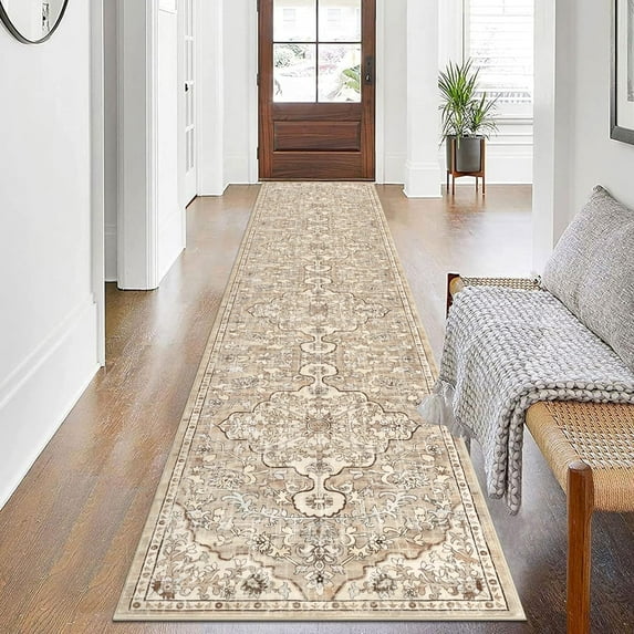 Findosom 2'x8' Vintage Runner Rug 0.4" Distressed Hallway Rug Non Slip Laundry Runner Rug Decor Rug Washable Runner Rug Kitchen Floor Mat Entryway Rug Runner for Laundry Kitchen Entryway,Beige
