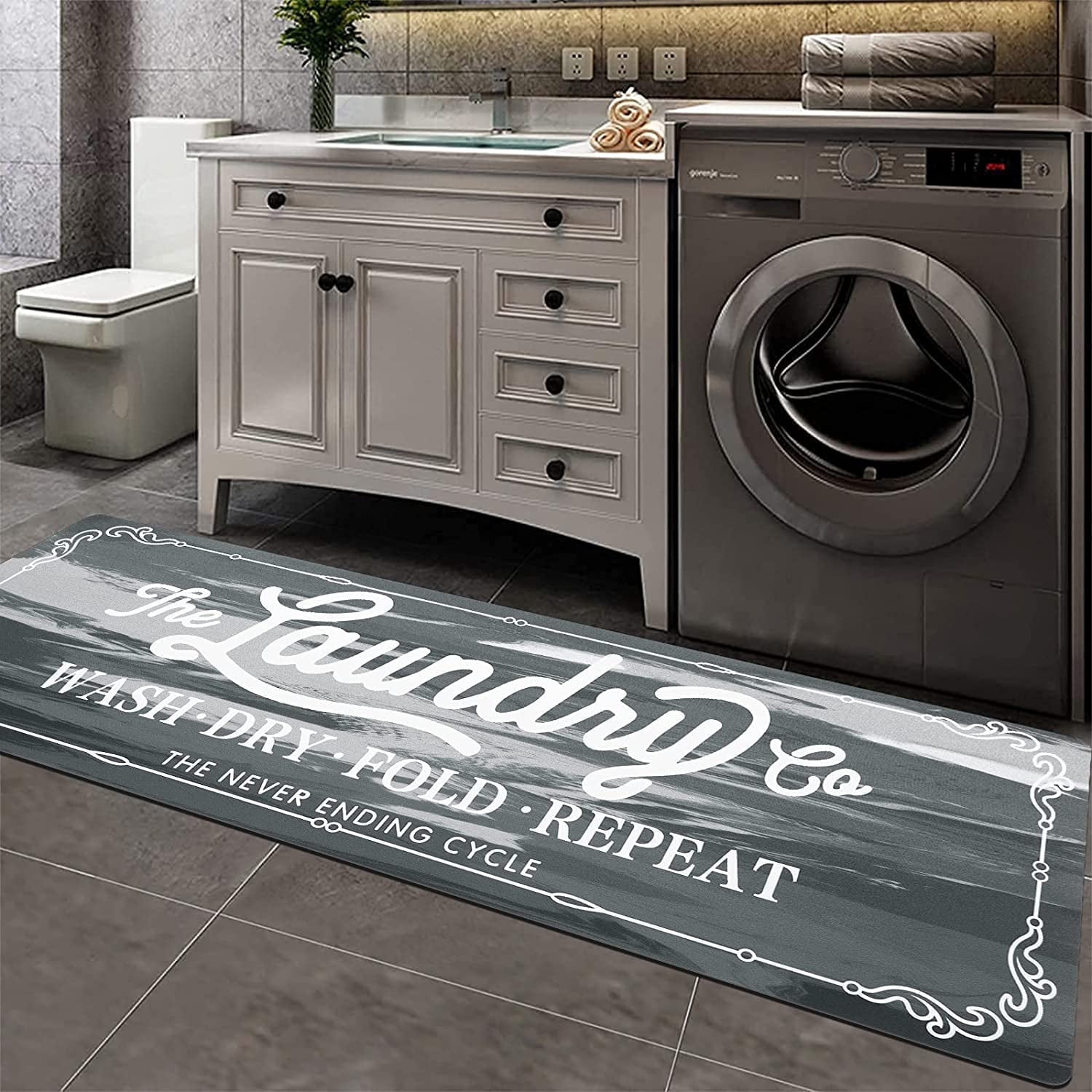 Findosom 20"x60" Farmhouse Laundry Room Rug Non Slip Rubber Laundry Runner Rug Waterproof Washable Indoor Laundry Rugs and Mats for Kitchen Floor Laundry Room Bathroom Hallway Entryway Decor Gray