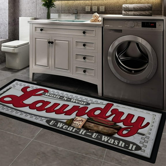 Findosom 20"x60" Farmhouse Laundry Room Rug Non Slip Rubber Laundry Runner Rug Waterproof Washable Indoor Laundry Rugs and Mats for Kitchen Floor Laundry Room Bathroom Hallway Entryway Decor Red