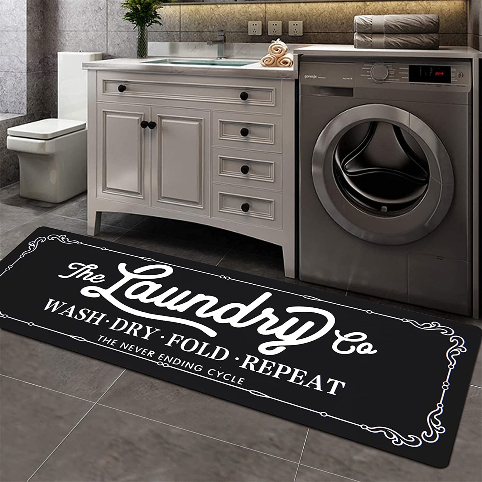 Findosom 20"x60" Farmhouse Laundry Room Rug Non Slip Rubber Laundry Runner Rug Waterproof Washable Indoor Laundry Rugs and Mats for Kitchen Floor Laundry Room Bathroom Hallway Entryway Decor Black