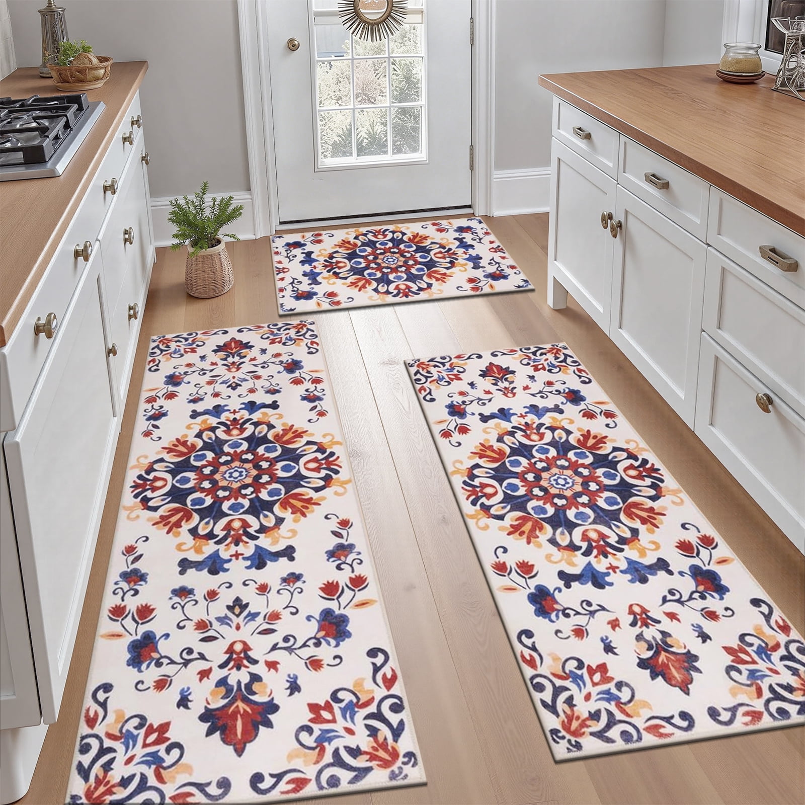 Findosom 3pcs Washable Kitchen Rug Set,Non-Slip Floral Boho Kitchen Mats Kitchen Runner Rug Floor Carpet for Hardwood Floor,Sink,Entryway,Bathroom,Home Decor,20"x32"+20"x48"+20"x59"