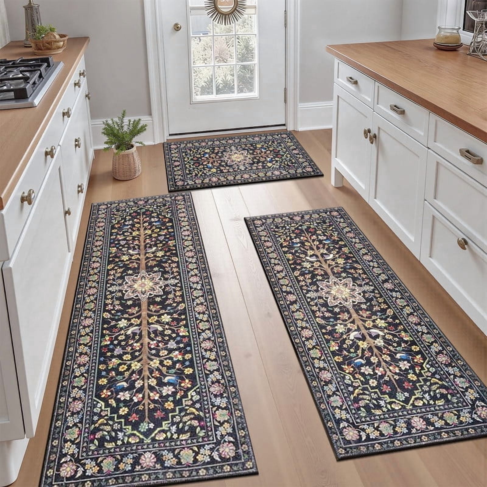 Findosom 3pcs Washable Kitchen Rug Set,Non-Slip Floral Boho Kitchen Mats Kitchen Runner Rug Floor Carpet for Hardwood Floor,Sink,Entryway,Bathroom,Home Decor,20"x32"+20"x48"+20"x59"