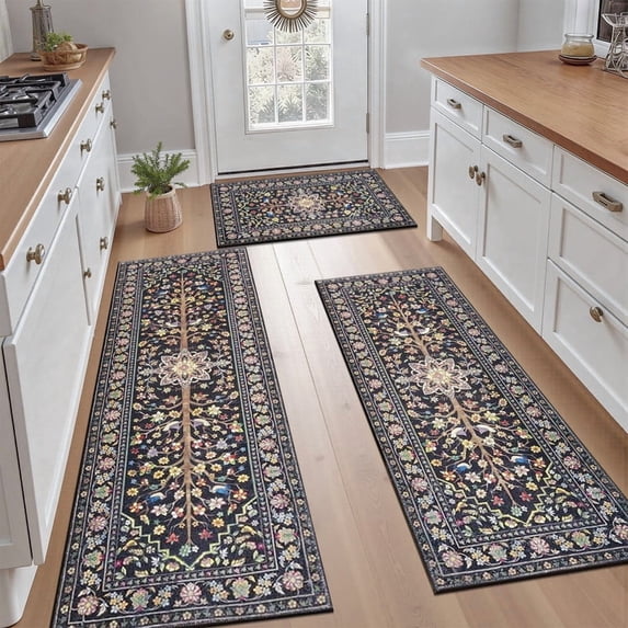 Findosom 3pcs Washable Kitchen Rug Set,Non-Slip Floral Boho Kitchen Mats Kitchen Runner Rug Floor Carpet for Hardwood Floor,Sink,Entryway,Bathroom,Home Decor,20"x32"+20"x48"+20"x59"
