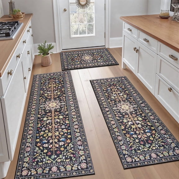 Findosom 3pcs Washable Kitchen Rug Set,Non-Slip Floral Boho Kitchen Mats Kitchen Runner Rug Floor Carpet for Hardwood Floor,Sink,Entryway,Bathroom,Home Decor,20"x32"+20"x48"+20"x59"