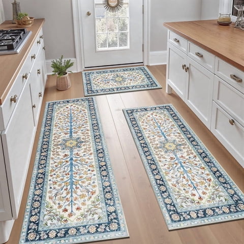 Findosom 3pcs Washable Kitchen Rug Set,Non-Slip Floral Boho Kitchen Mats Kitchen Runner Rug Floor Carpet for Hardwood Floor,Sink,Entryway,Bathroom,Home Decor,20"x32"+20"x48"+20"x59"