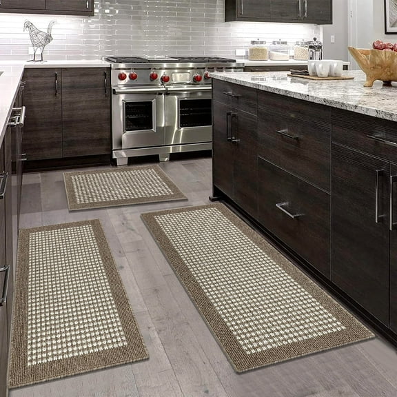Findosom 3pcs Moroccan Kitchen Rugs Set, Machine Washable Lattice Kitchen Runner Rug, 20"x32"+20"x48"+20"x59" Non Slip Farmhouse Kitchen Mat Floor Mat for Living Room Bedroom Laundry, Brown