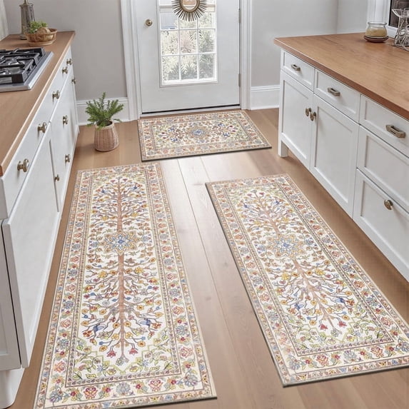 Findosom 3pcs Washable Kitchen Rug Set,Non-Slip Floral Boho Kitchen Mats Kitchen Runner Rug Floor Carpet for Hardwood Floor,Sink,Entryway,Bathroom,Home Decor,20"x32"+20"x48"+20"x59"