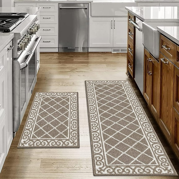 Findosom 20"x32"+20"x48" 2pcs Kitchen Rug Set Non Slip Kitchen Runner Rug and Doormat Machine Washable Kitchen Mats Set Kitchen Area Rug Floor Mat Long Hallway Laundry Room Runner Rug Coffee