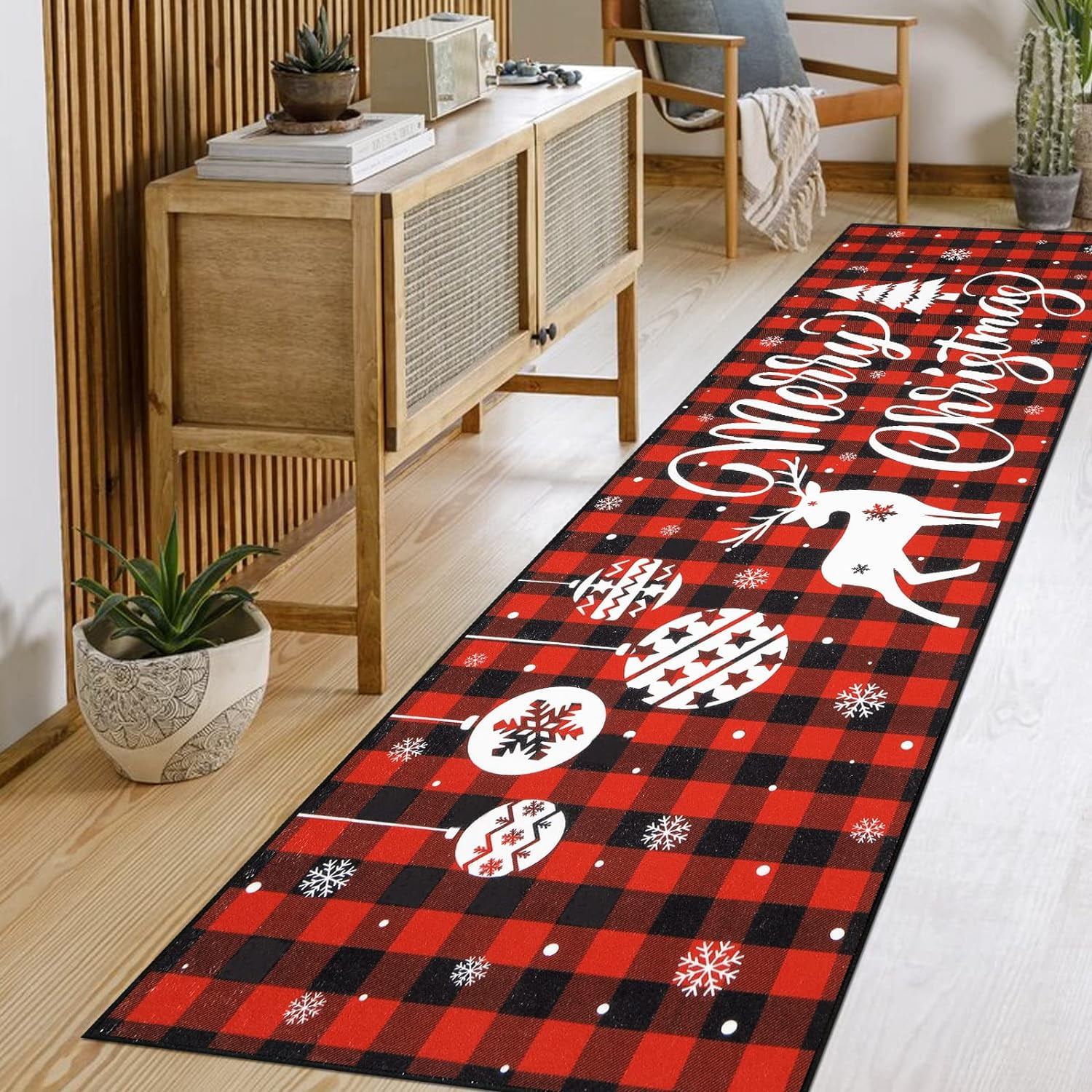 "Findosom 24""x71"" AntiSlip Christmas Kitchen Rug, Red Buffalo Plaid