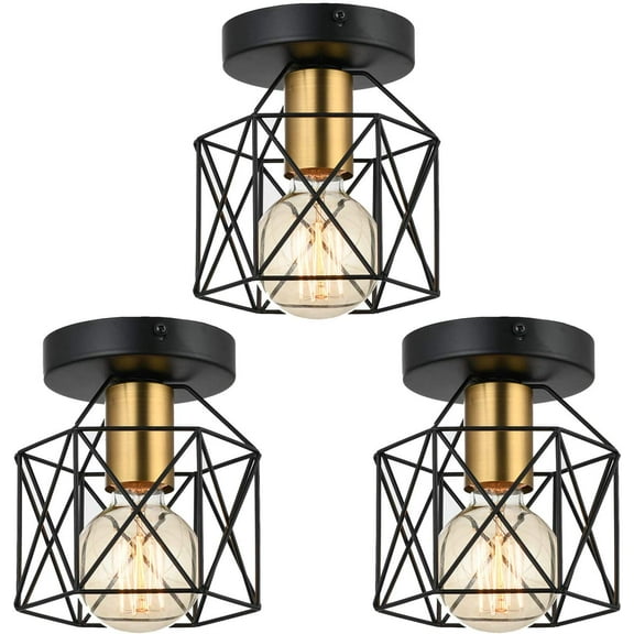 Findosom 3 Pack Semi Flush Mount Ceiling Light, E26 E27 Industrial Metal Cage Ceiling Light Lamp for Kitchen Hallway Porch Stairway, Farmhouse Lighting Rustic Light Fixture Gold