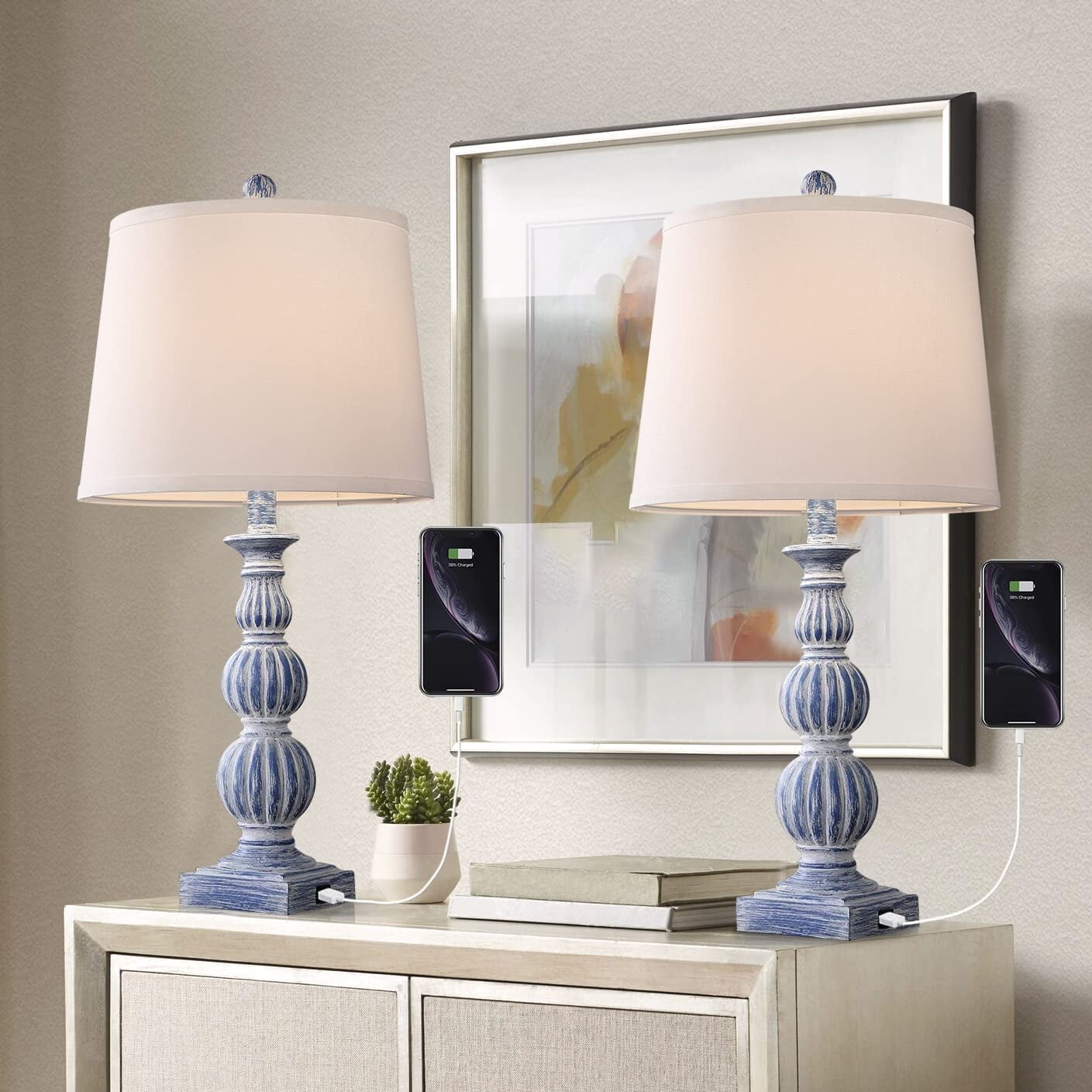 Findosom 26 Rustic Resin Table Lamp Set of 2 Retro Farmhouse Table Light  with Dual USB Ports Nightstand Light Bedside Lamps for Bedrooms Living Room  Foyer Study Room Office Blue - Walmart.com