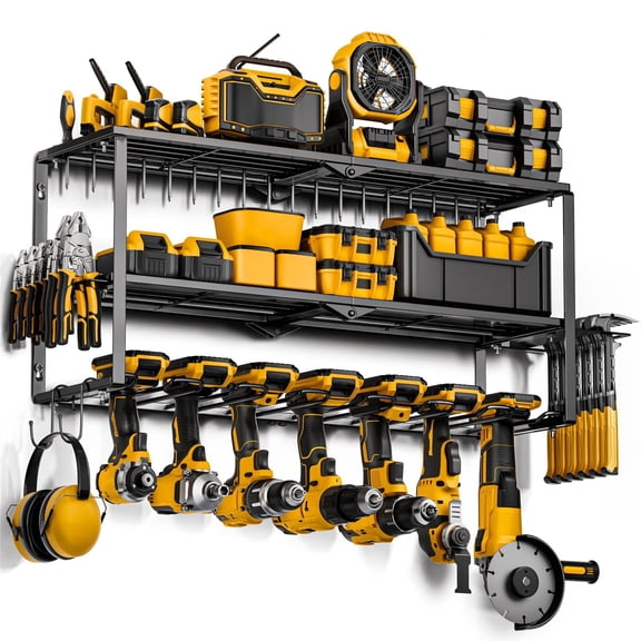 Findosom 26" W Power Tool Organizer Wall Mount, 3 Layers Heavy Duty 7 Cordless Drills Holder Load 300lbs, Metal Tool Storage Rack, Tool Battery Storage Rack for Garage Workshop
