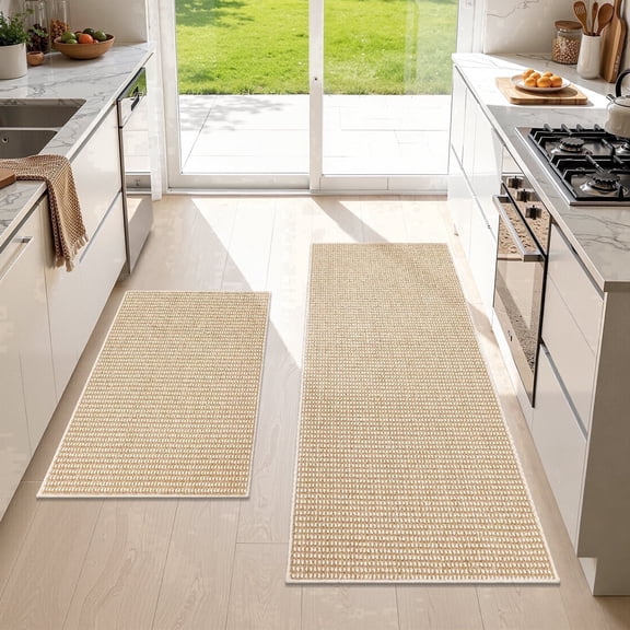 Findosom 2pc Kitchen Rug Set,Non-Slip Washable Kitchen Rug and Mat Stain Resistant Low Pile Durable Kitchen Mats For Sink,Hallway,Entryway 20"x32"+20"x59" Brown