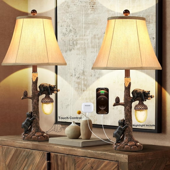 Findosom 2pcs 26" Vintage Table Lamp Set Touch Control Bedside Lamp with USB & USB-C Port, Bear Dimmable Table Lamp with Nightlight and Lampshade Nightstand Lamp for Living Room Bedroom Home Office