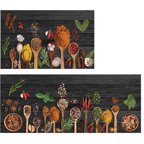 Findosom Spices Kitchen Rug Set of 2,Washable Non Slip Kitchen Mats for Floor with Full Rubber Backing Absorbent Comfort Standing Mats for Kitchen,Office,Home,Hallway,Black 19"x32"+19"x48"