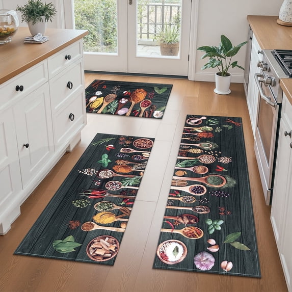 Findosom Kichen Rug Set of 3,Non Slip Machine Washable Kitchen Runner Rug for Floor,Spices Farmhouse Kitchen Rugs Absorbent for Sink,Hallway,Office,Kitchen Decor,Black 19"x32"+19"x48"+19"x60"