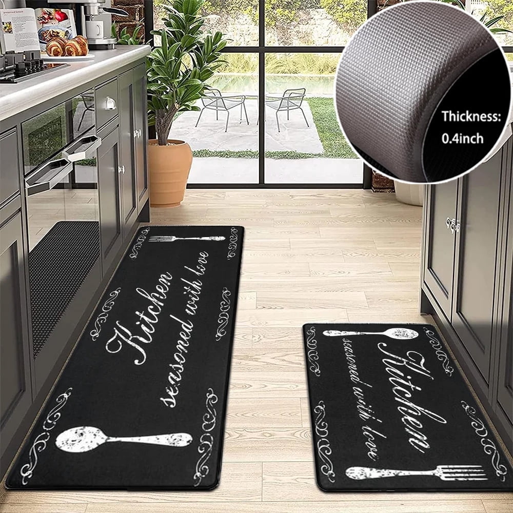 Findosom 2pcs Anti-Fatigue Kitchen Rugs Set Non Slip Waterproof Kitchen Runner Rug and Mat 0.4" Thickness Comfort Standing Mat for Kitchen, Floor, Office, Sink, Laundry 18"x47"+18"x30" Black