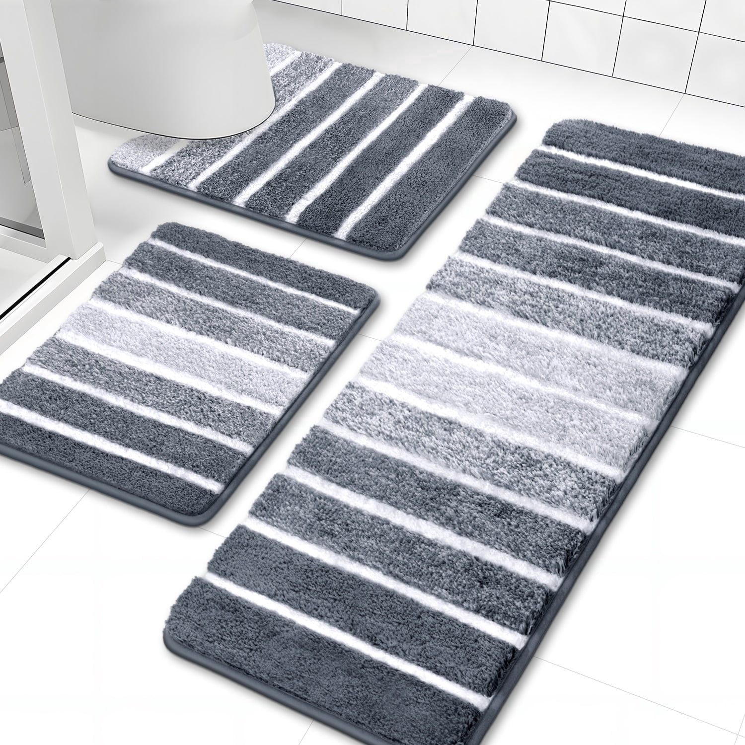 Findosom Bathroom Rugs Set of 3,Absorbent Non-Slip Machine Washable Bath Rugs, Microfiber Quick Dry Bath Mats for Bathroom Floor Tub Shower Bedroom Kitchen,18"x26"+18"x48"+U Shape 20"x24" Gray