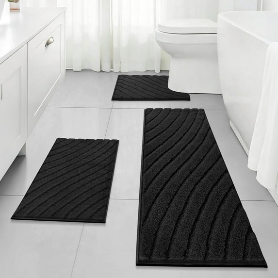 Findosom 3pcs Bathroom Rugs Set with U-Shaped Mat,Rubber Backing,Quick Dry,Ultra Soft Machine Washable Bath Mats for Bathroom Floor,Tub,Shower,Microfiber Bath Mats 18"x26"+18"x48"+U 20"x24" Black