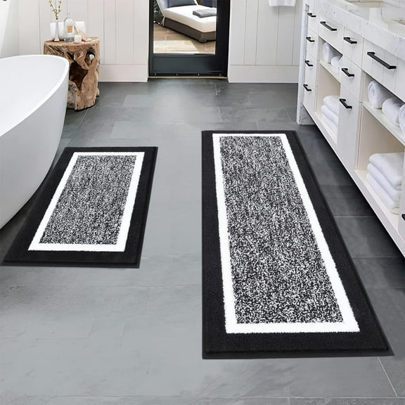 Findosom 2pcs Bathroom Rug Set Non-Slip Plush Shaggy Bath Mats Absorbent Microfiber Bath Rugs Washable Shower Rugs for Bathroom Floor, Tub, Shower 18"x26"+18"x48" Black