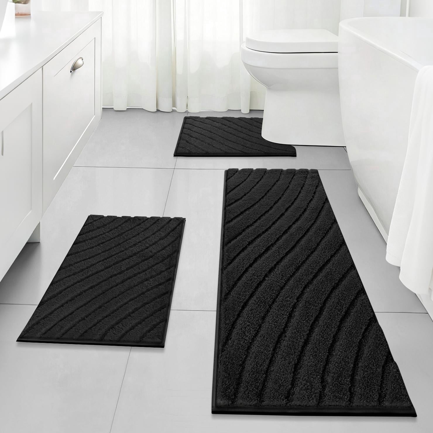 Findosom 3pcs Bathroom Rugs Set with U-Shaped Mat,Non Slip Machine Washable Wave Bath Mat,Ultra Soft Plush Shower Rugs for Bathroom,Tub,Shower18"x26"+18"x48"+U 20"x24"Black