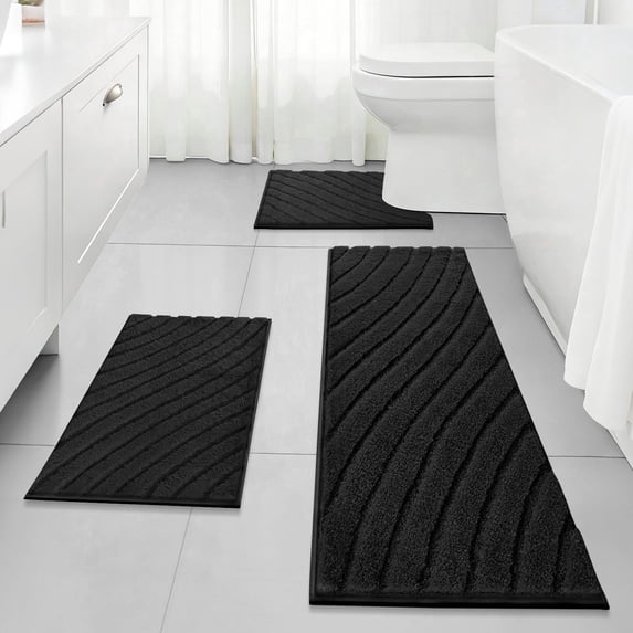 Findosom 3pcs Bathroom Rugs Set with U-Shaped Mat,Non Slip Machine Washable Wave Bath Mat,Ultra Soft Plush Shower Rugs for Bathroom,Tub,Shower18"x26"+18"x48"+U 20"x24"Black