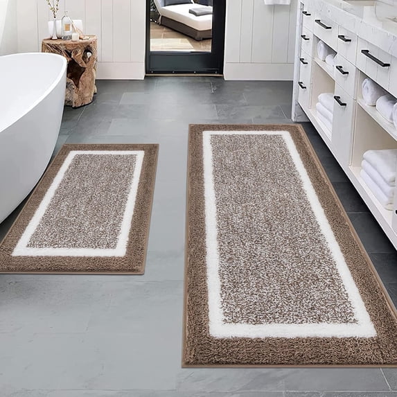 Findosom 2pcs Bathroom Rug Set with U-Shaped Toilet Mat Non-Slip Plush Shaggy Bath Mats Absorbent Microfiber Bath Rugs Washable Shower Rugs for Bathroom Floor, Tub, Shower 18"x26"+18"x48" Coffee
