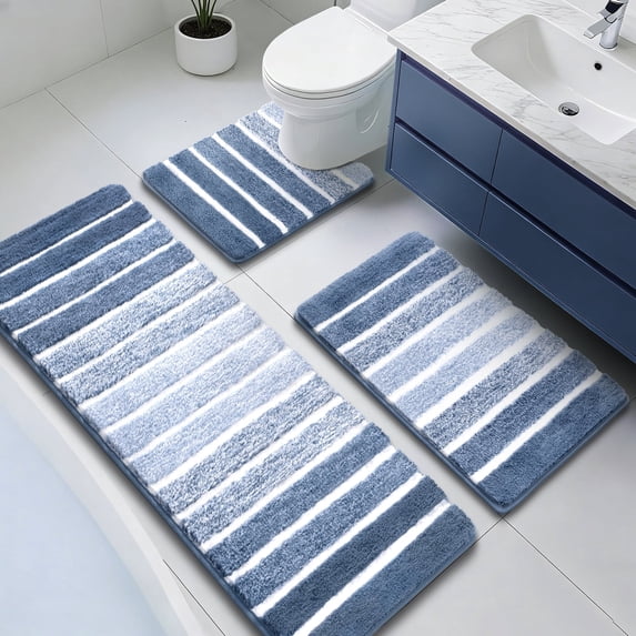 Findosom Bathroom Rugs Set of 3,Absorbent Non-Slip Machine Washable Bath Rugs, Microfiber Quick Dry Bath Mats for Bathroom Floor Tub Shower Bedroom Kitchen,20"x32"+20"x59"+U Shape 20"x24" Blue