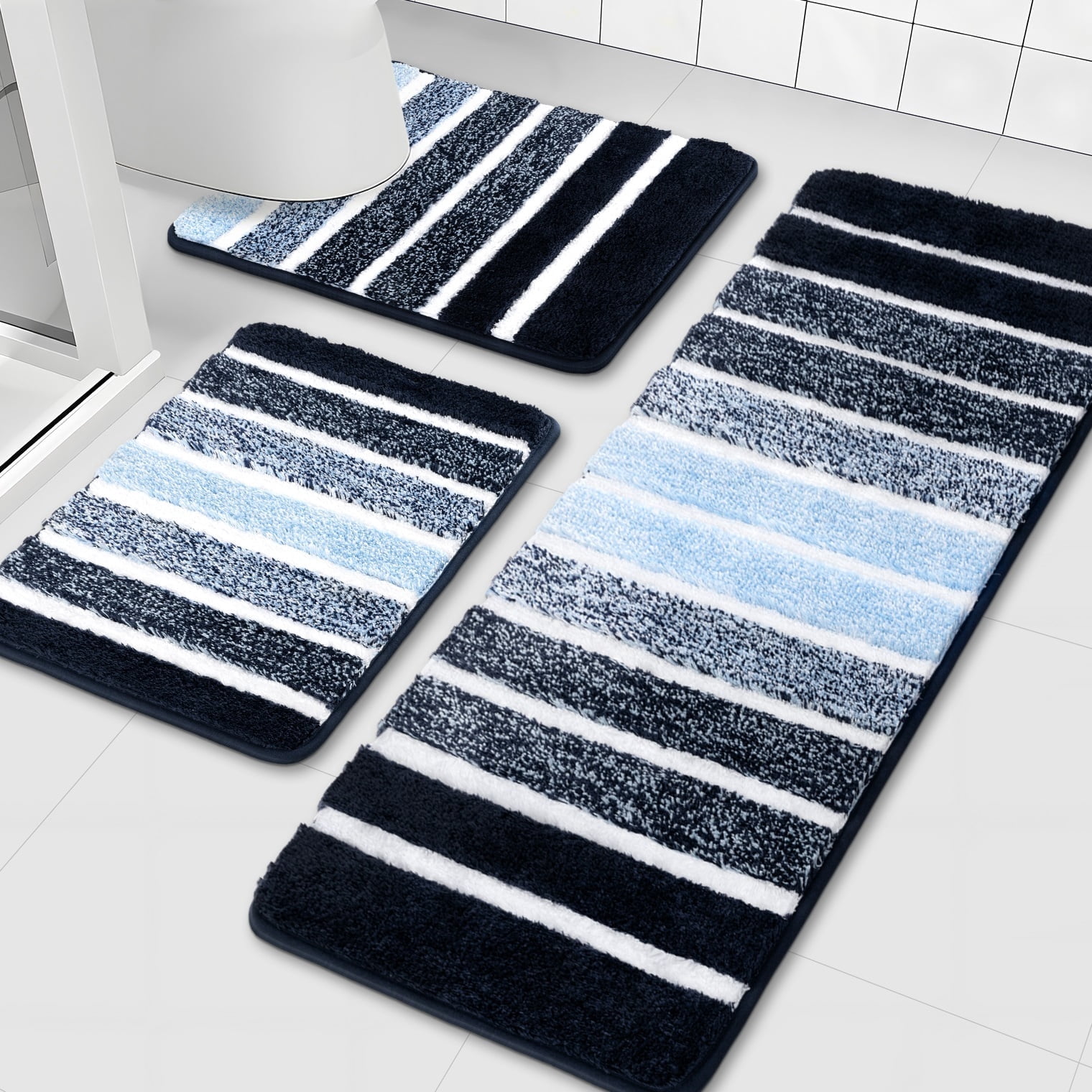 Findosom Bathroom Rugs Set of 3,Absorbent Non-Slip Machine Washable Bath Rugs, Microfiber Quick Dry Bath Mats for Bathroom Floor Tub Shower Bedroom Kitchen,18"x26"+18"x48"+U Shape 20"x24" Navy