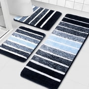 Findosom Bathroom Rugs Set of 3,Absorbent Non-Slip Machine Washable Bath Rugs, Microfiber Quick Dry Bath Mats for Bathroom Floor Tub Shower Bedroom Kitchen,18x26+18x48+U Shape 20x24 Navy