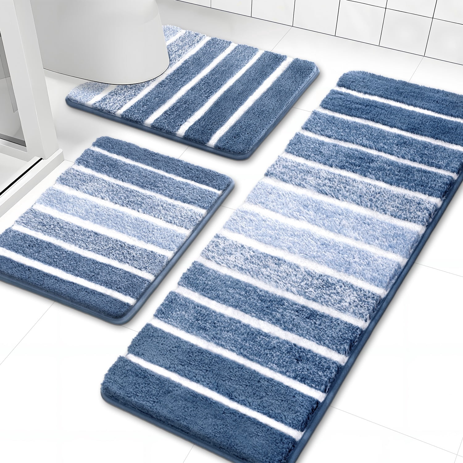 Findosom Bathroom Rugs Set of 3,Absorbent Non-Slip Machine Washable Bath Rugs, Microfiber Quick Dry Bath Mats for Bathroom Floor Tub Shower Bedroom Kitchen,18"x26"+18"x48"+U Shape 20"x24" Blue