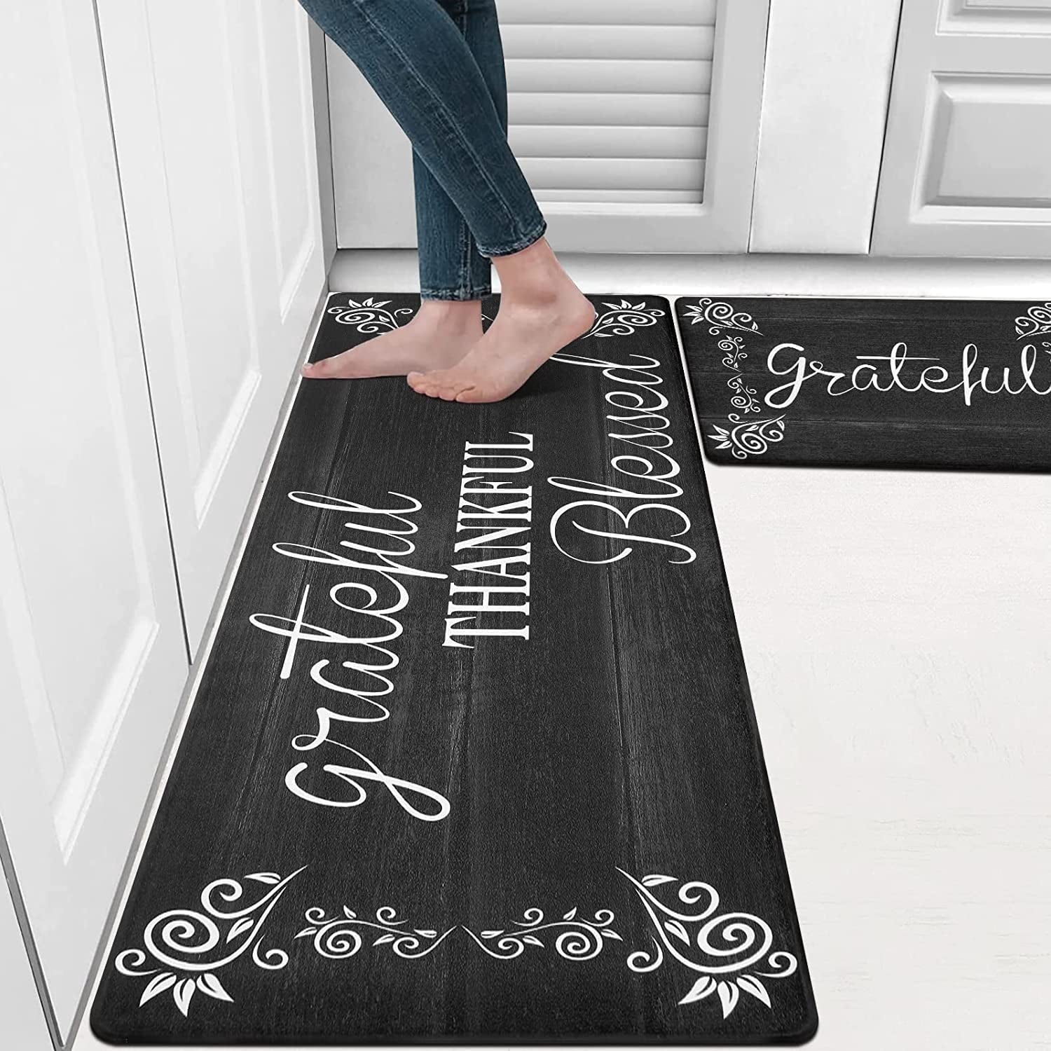 Findosom 2pcs Black Kitchen Rug Set,18"x30"+18"x47" Non-slip Anti-Fatigue Kitchen Mats Farmhouse Waterproof Kitchen Runner,Ergonomic Comfort Cushioned Standing Mat for Floor,Home,Office,Sink,Laundry