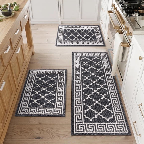Findosom Kitchen Rugs Set 3 Piece, Non Slip Kitchen Floor Rugs with Rubber Backing,Machine Washable Geometric Absorbent Runner Rugs for Hallway Doormat,20"x32"+20"x32"+20"x48" Black