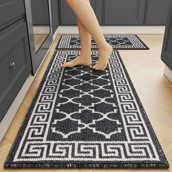 Findosom Kitchen Rugs Set 2 Piece, Non Slip Kitchen Floor Rugs with Rubber Backing,Machine Washable Geometric Absorbent Runner Rugs for Hallway Doormat,20"x32"+20"x48" Black